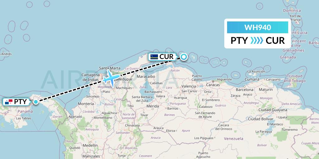 WH940 West African Airlines Flight Map: Panama City to Willemstad