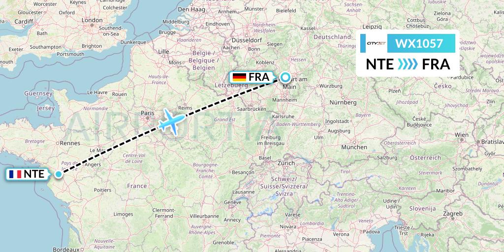 WX1057 Cityjet Flight Map: Nantes to Frankfurt