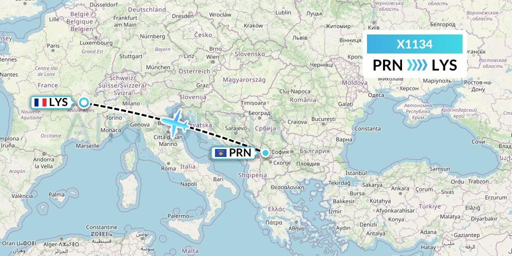 X1134 Nik Airways Flight Map: Pristina to Lyon
