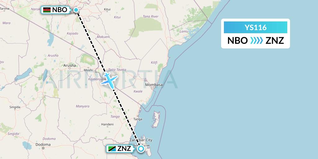 YS116 Flightlink Air Charters Flight Map: Nairobi to Zanzibar