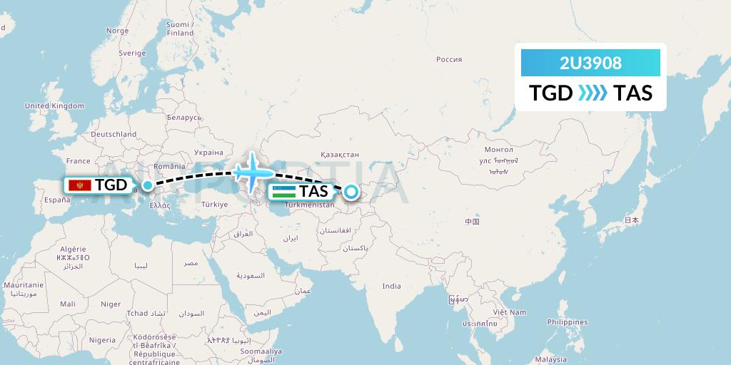 2U3908 Sun d'Or International Airlines Flight Map: Podgorica to Tashkent