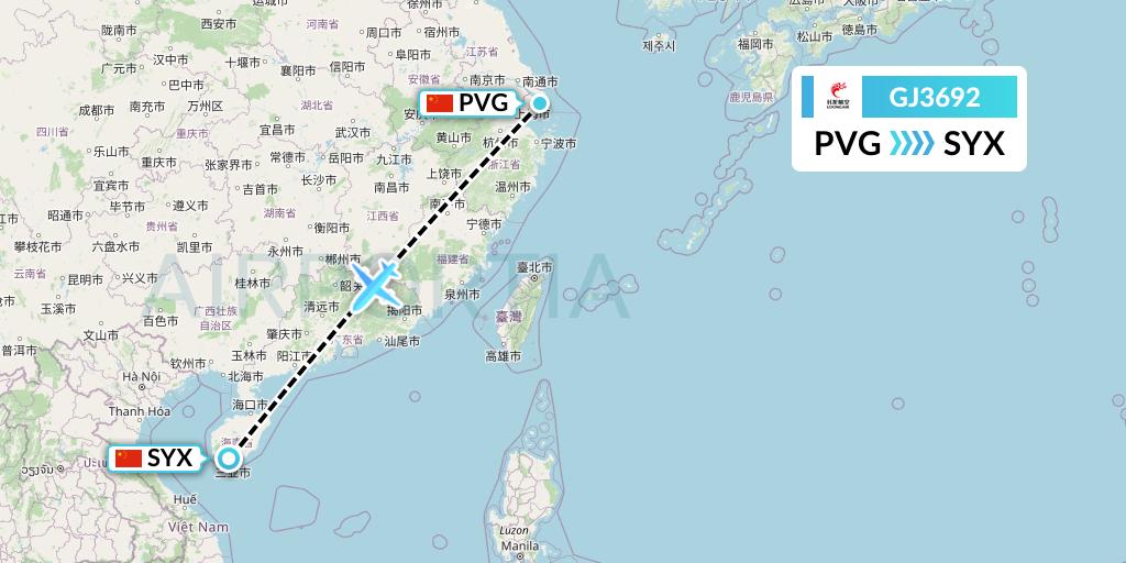 GJ3692 Loong Airlines Flight Map: Shanghai to Sanya