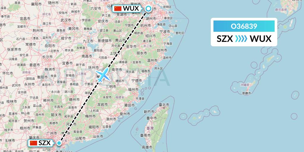 O36839 SF Airlines Flight Map: Shenzhen to Wuxi