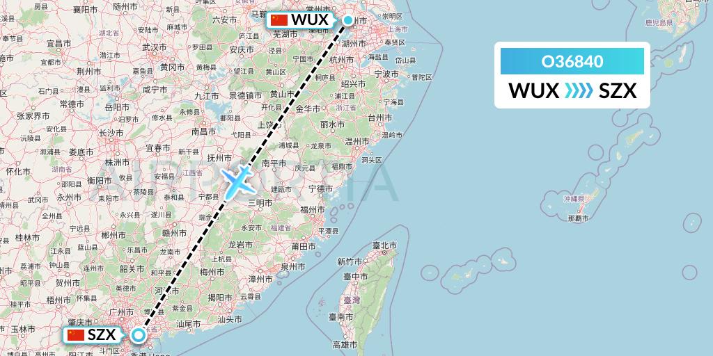 O36840 SF Airlines Flight Map: Wuxi to Shenzhen