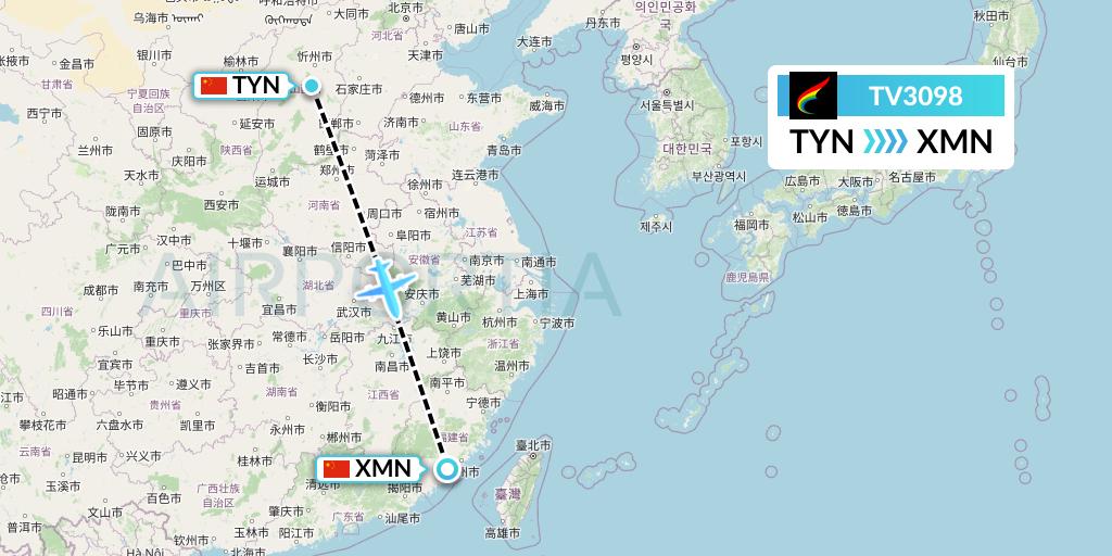 TV3098 Tibet Airlines Flight Map: Taiyuan to Xiamen