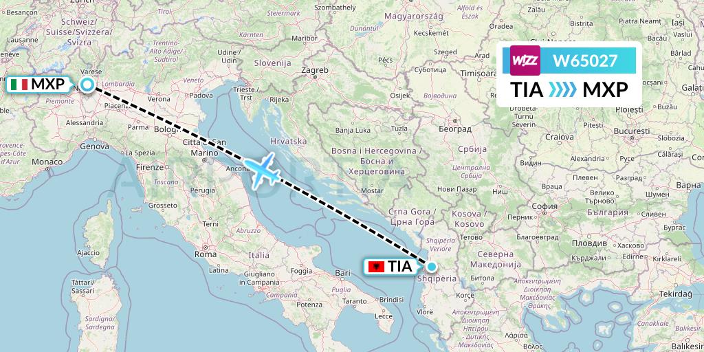 W65027 Wizz Air Flight Map: Tirana to Milan
