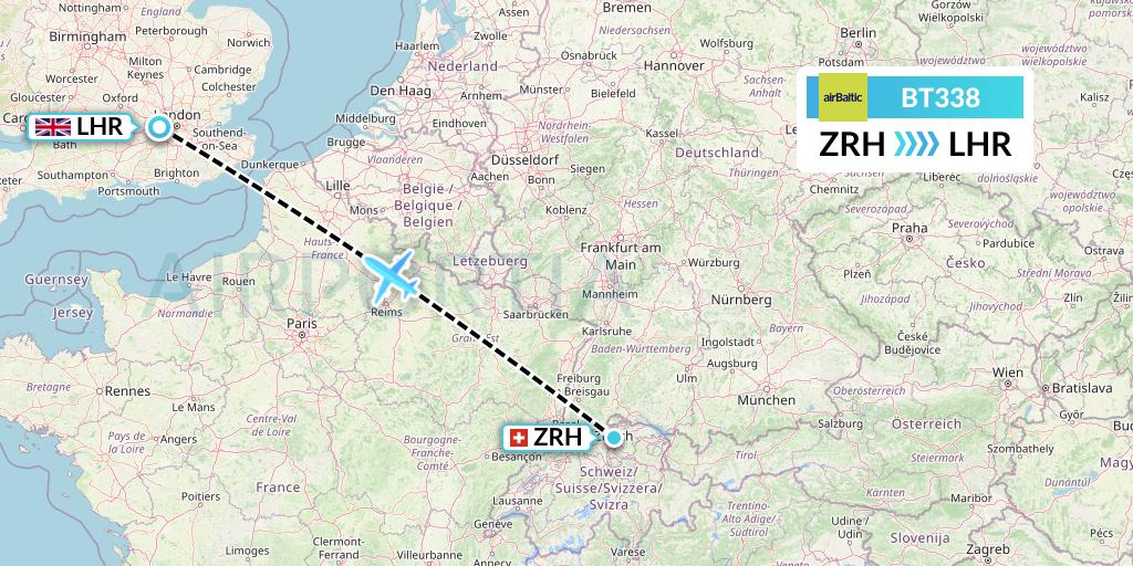 BT338 Air Baltic Flight Map: Zurich to London