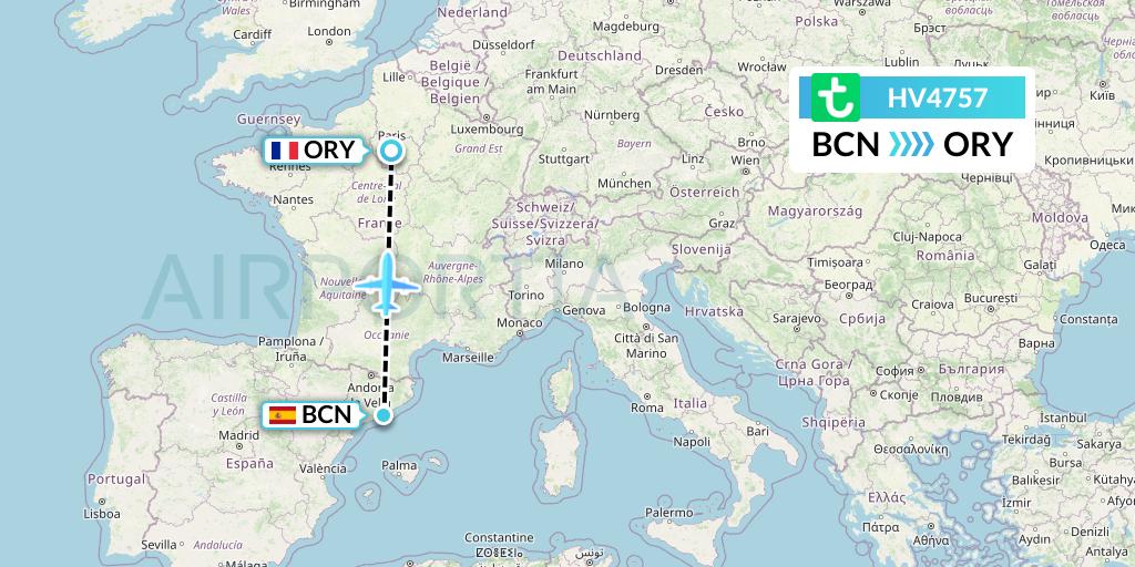 HV4757 Transavia Flight Map: Barcelona to Paris