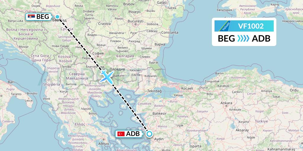 VF1002 ValuAir Flight Map: Belgrade to Izmir