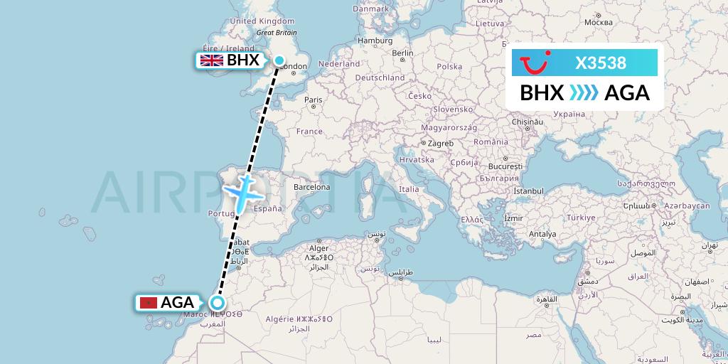 X3538 TUI fly Germany Flight Map: Birmingham to Agadir