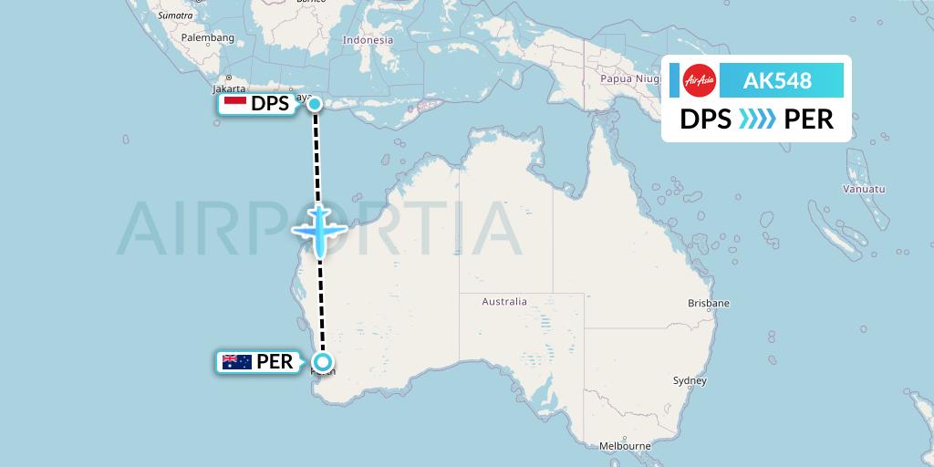 AK548 AirAsia Flight Map: Denpasar to Perth