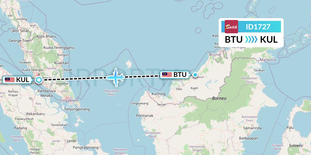 ID1727 Batik Air Flight Map: Bintulu to Kuala Lumpur