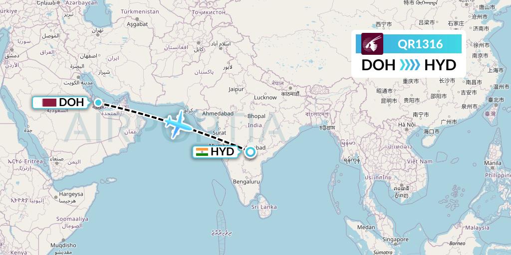 QR1316 Qatar Airways Flight Map: Doha to Hyderabad