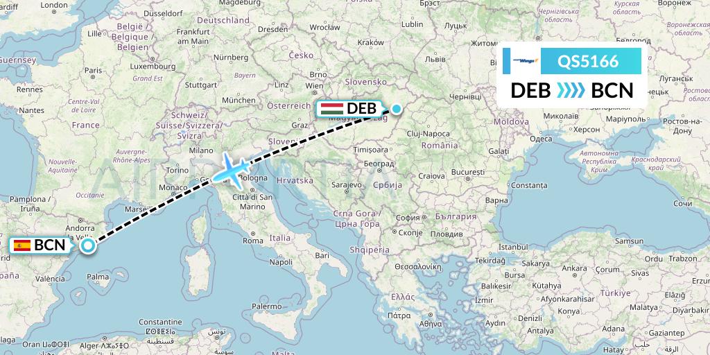 QS5166 Smartwings Flight Map: Debrecen to Barcelona