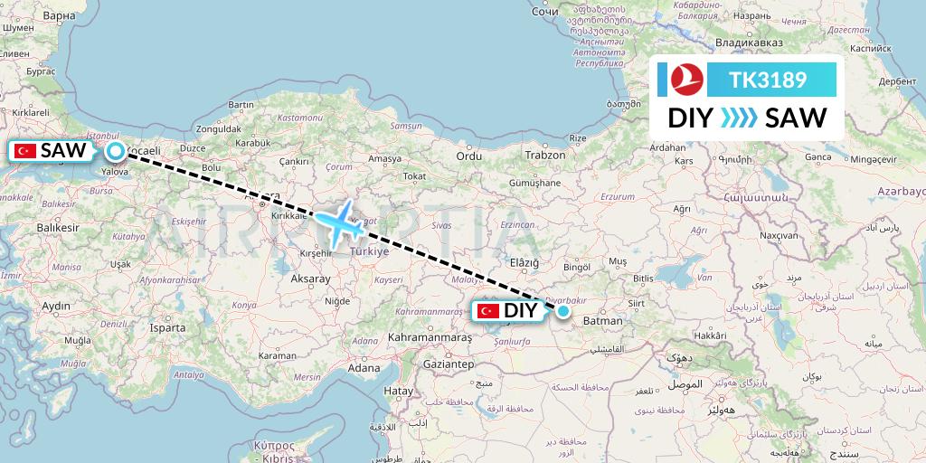 TK3189 Turkish Airlines Flight Map: Diyarbakir to Istanbul