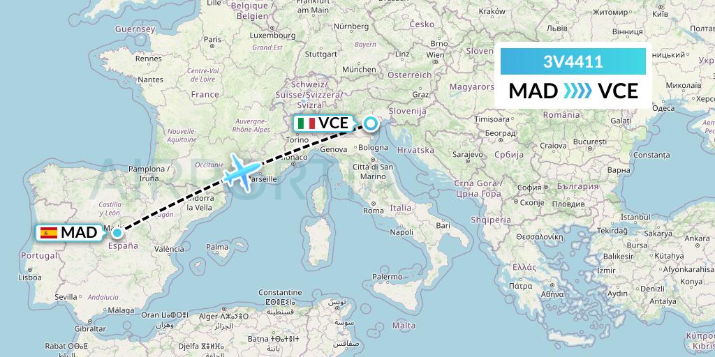 3V4411 ASL Airlines Belgium Flight Map: Madrid to Venice