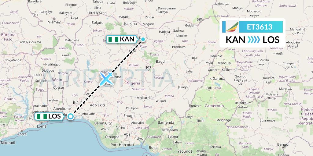 ET3613 Ethiopian Airlines Flight Map: Kano to Lagos