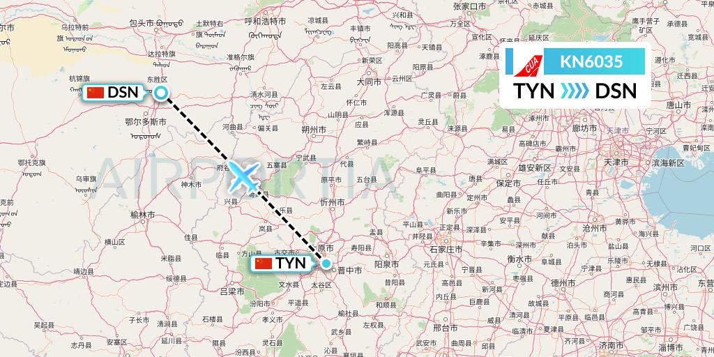 KN6035 China United Airlines Flight Map: Taiyuan to Dongsheng