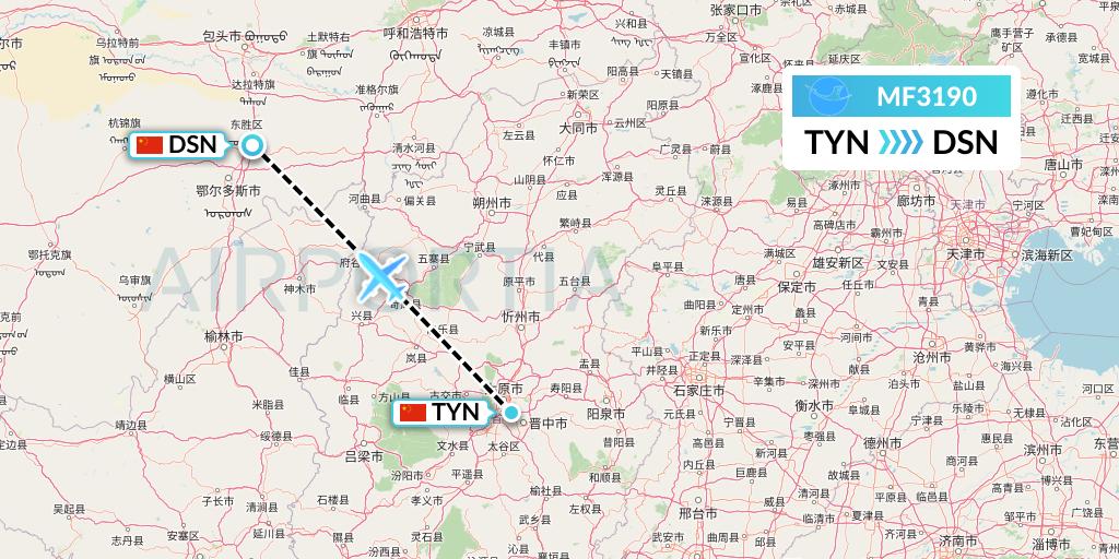 MF3190 Xiamen Airlines Flight Map: Taiyuan to Dongsheng
