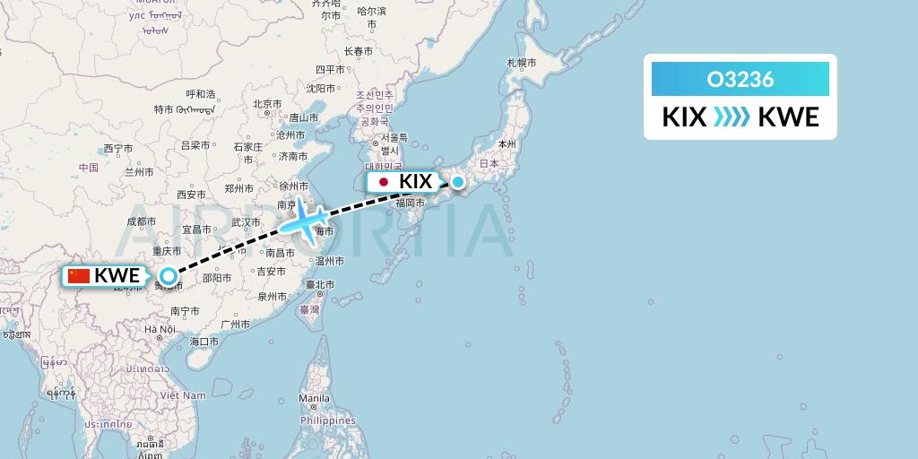 O3236 SF Airlines Flight Map: Osaka to Guiyang