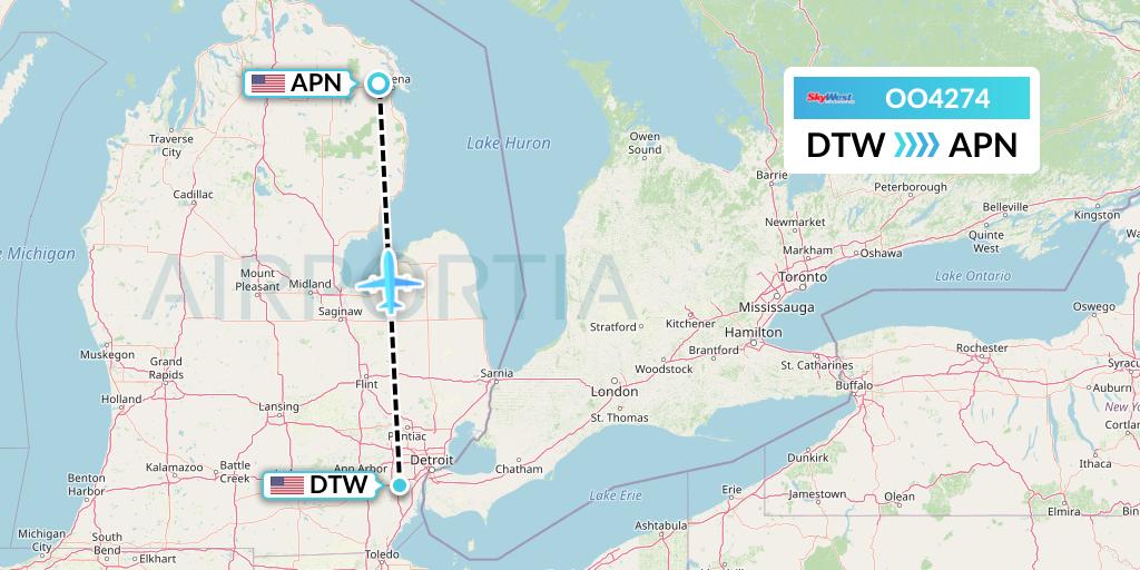OO4274 SkyWest Airlines Flight Map: Detroit to Alpena