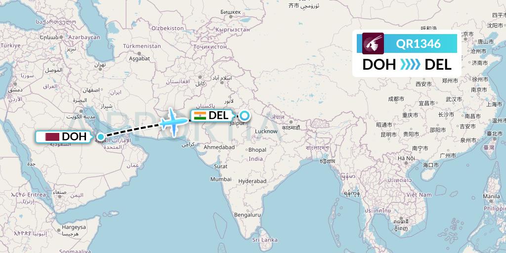 QR1346 Qatar Airways Flight Map: Doha to Delhi