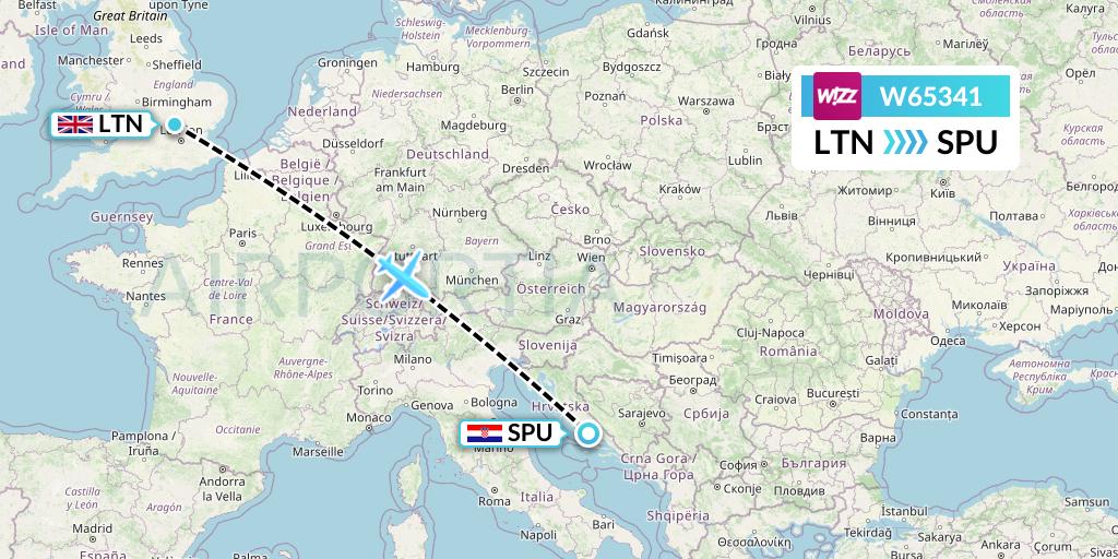 W65341 Wizz Air Flight Map: London to Split