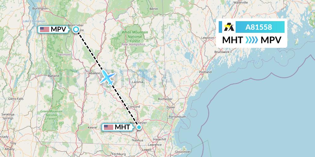 A81558 Aerolink Uganda Flight Map: Manchester to Barre-Montpelier
