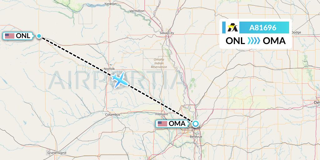 A81696 Aerolink Uganda Flight Map: Oneill to Omaha