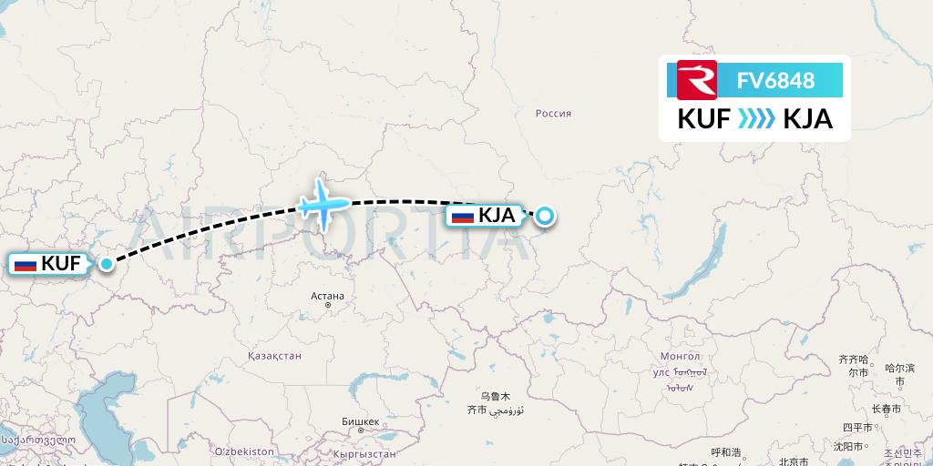FV6848 Rossiya Flight Map: Samara to Krasnoyarsk
