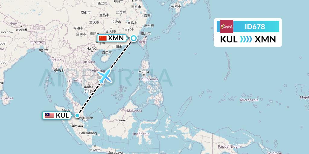 ID678 Batik Air Flight Map: Kuala Lumpur to Xiamen