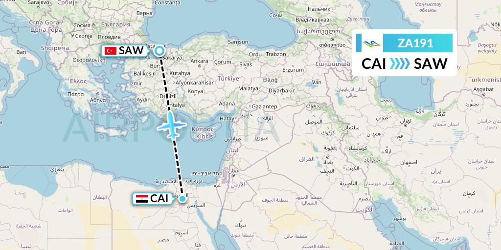 ZA191 Sky Angkor Airlines Flight Map: Cairo to Istanbul