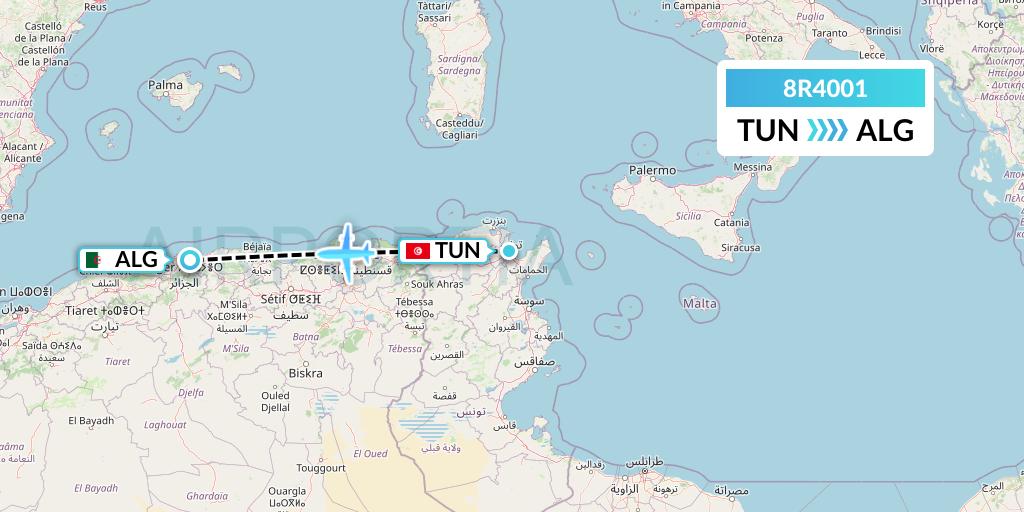 8R4001 Amelia Flight Map: Tunis to Algiers