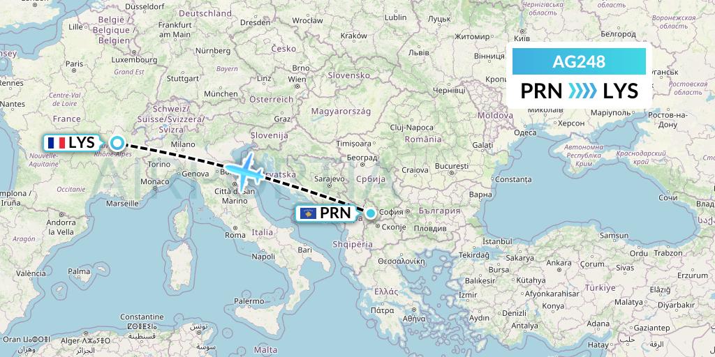 AG248 Aruba Airlines Flight Map: Pristina to Lyon