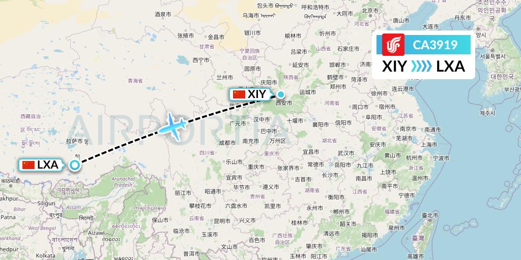 CA3919 Air China Flight Map: Xi'an to Lhasa