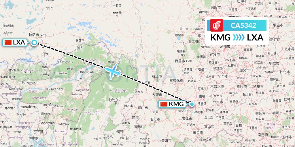 CA5342 Air China Flight Map: Kunming to Lhasa