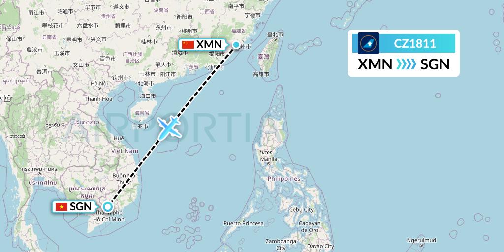 CZ1811 China Southern Airlines Flight Map: Xiamen to Ho Chi Minh City