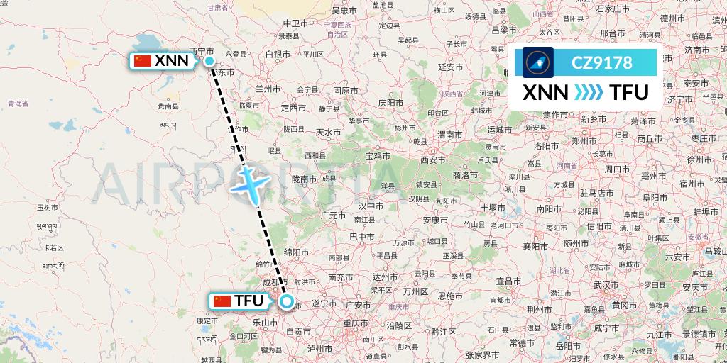 CZ9178 China Southern Airlines Flight Map: Xining to Chengdu