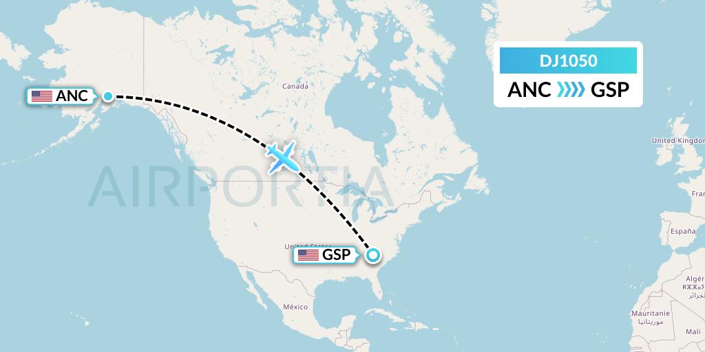 DJ1050 Air Djibouti Flight Map: Anchorage to Greenville-Spartanburg