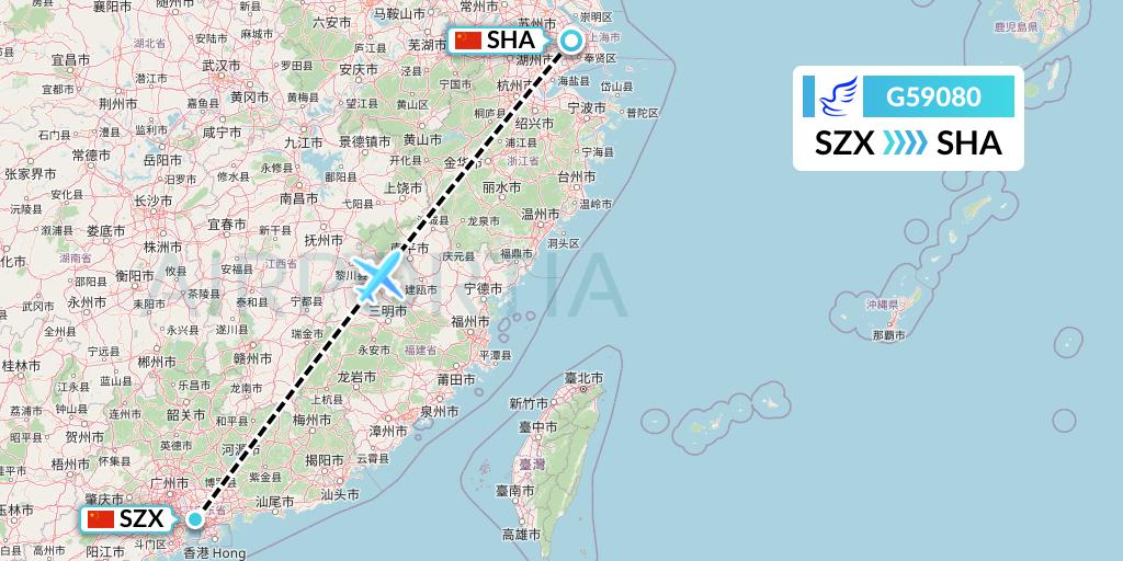 G59080 China Express Airlines Flight Map: Shenzhen to Shanghai