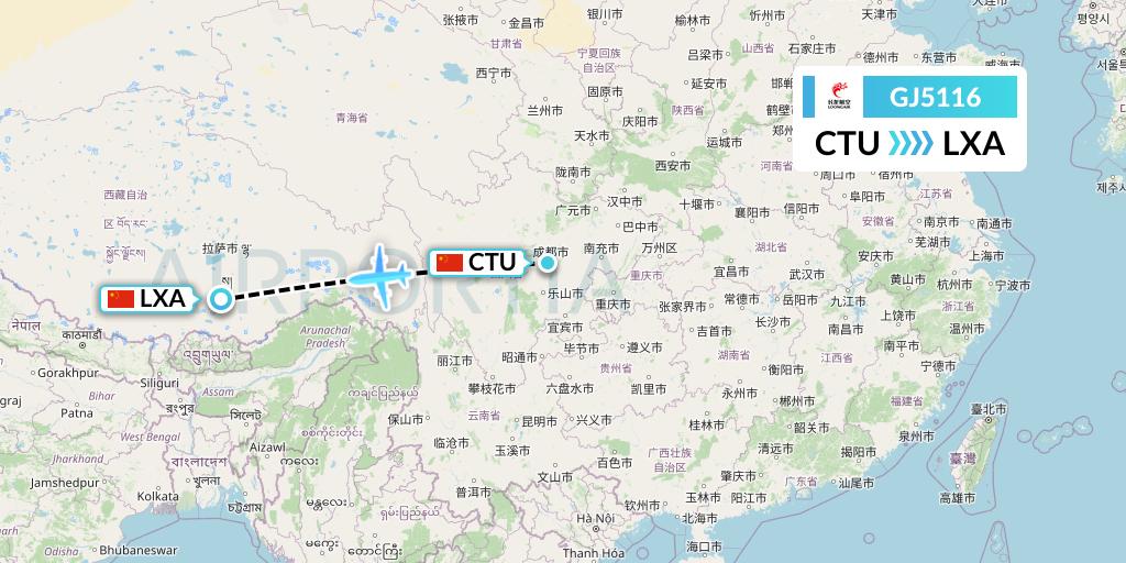 GJ5116 Loong Airlines Flight Map: Chengdu to Lhasa