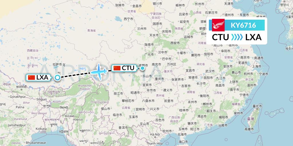 KY6716 Kunming Airlines Flight Map: Chengdu to Lhasa