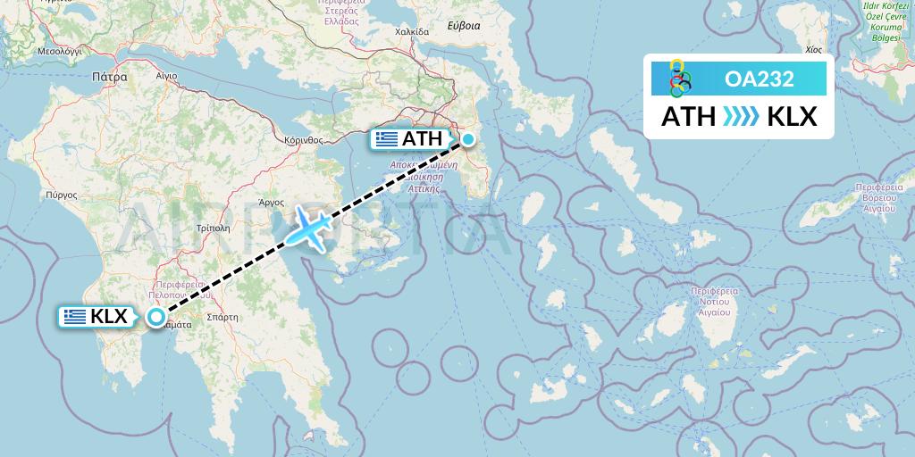 OA232 Olympic Air Flight Map: Athens to Kalamata