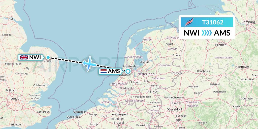 T31062 Eastern Airways Flight Map: Norwich to Amsterdam