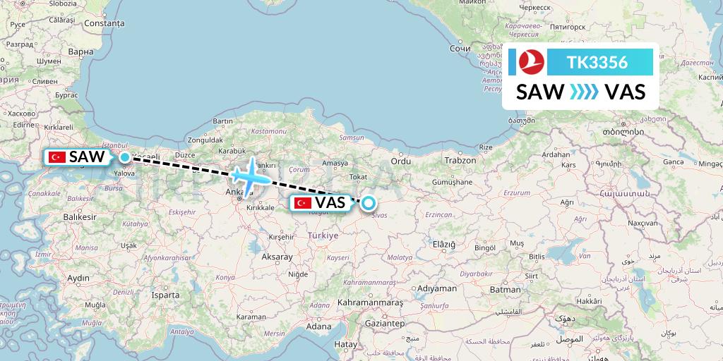 TK3356 Turkish Airlines Flight Map: Istanbul to Sivas