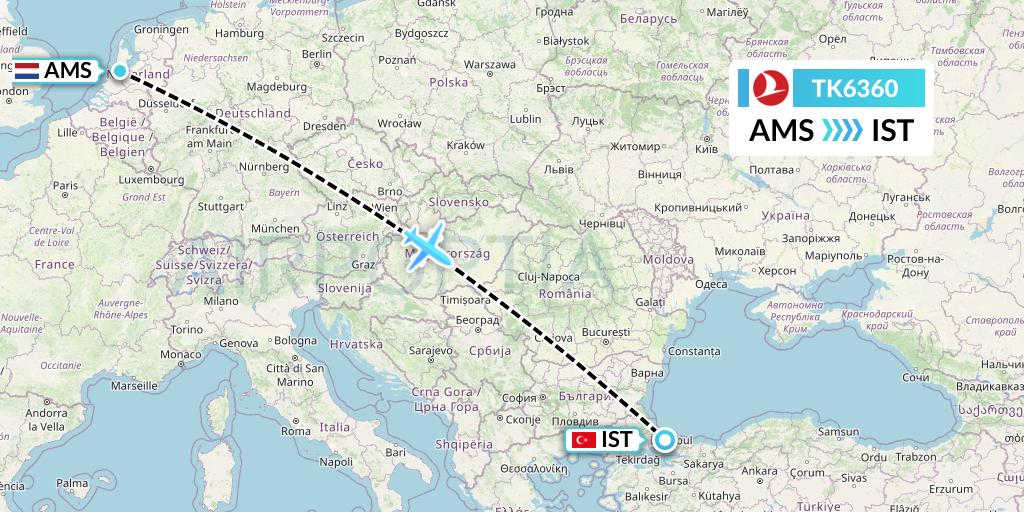 TK6360 Turkish Airlines Flight Map: Amsterdam to Istanbul