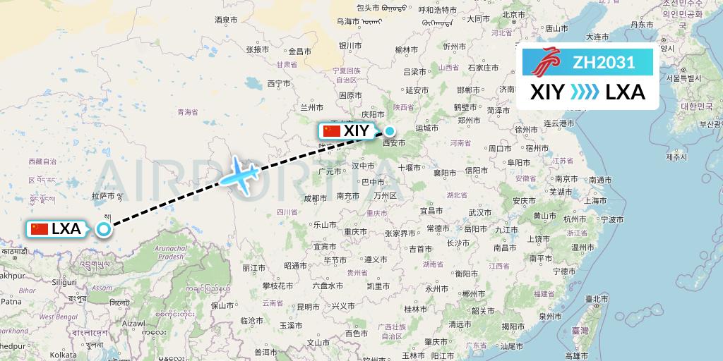 ZH2031 Shenzhen Airlines Flight Map: Xi'an to Lhasa