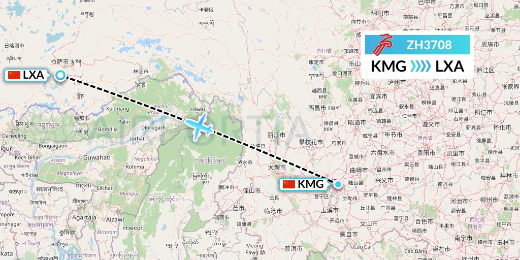 ZH3708 Shenzhen Airlines Flight Map: Kunming to Lhasa