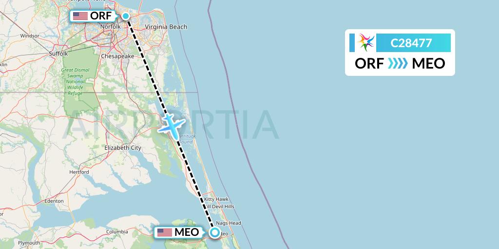 C28477 Ceiba Intercontinental Flight Map: Norfolk to Manteo