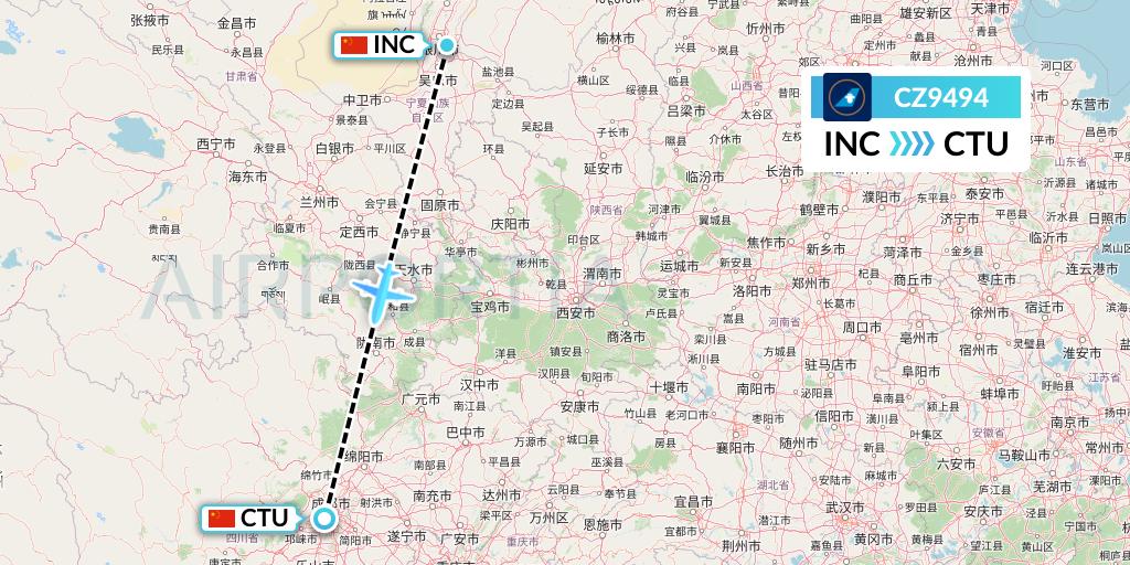 CZ9494 China Southern Airlines Flight Map: Yinchuan to Chengdu